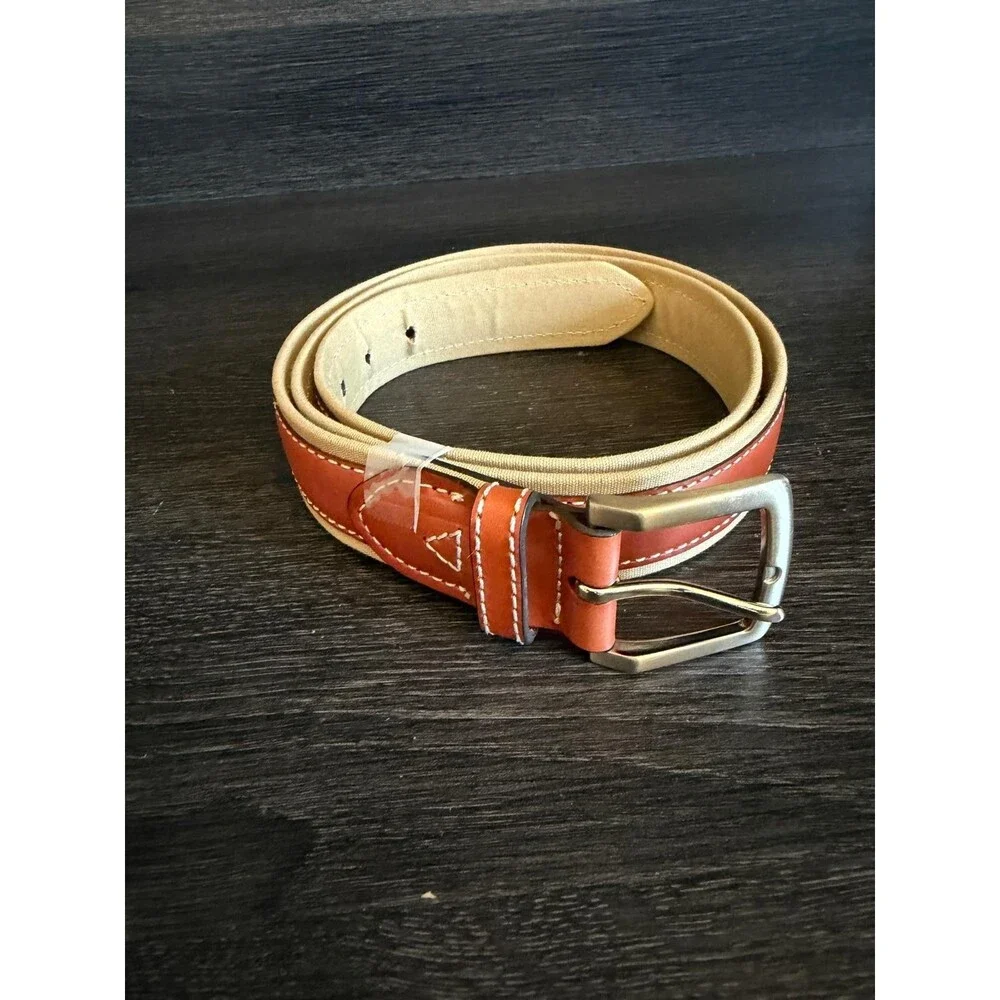 Tommy Bahama Mens Genuine Leather Canvas Belt Tan Brown Size 44